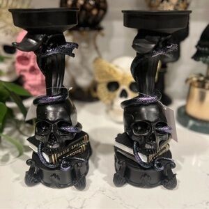 New Spooky Halloween Large Black Skull Spells Snake Candle Holder Decor Set of 2